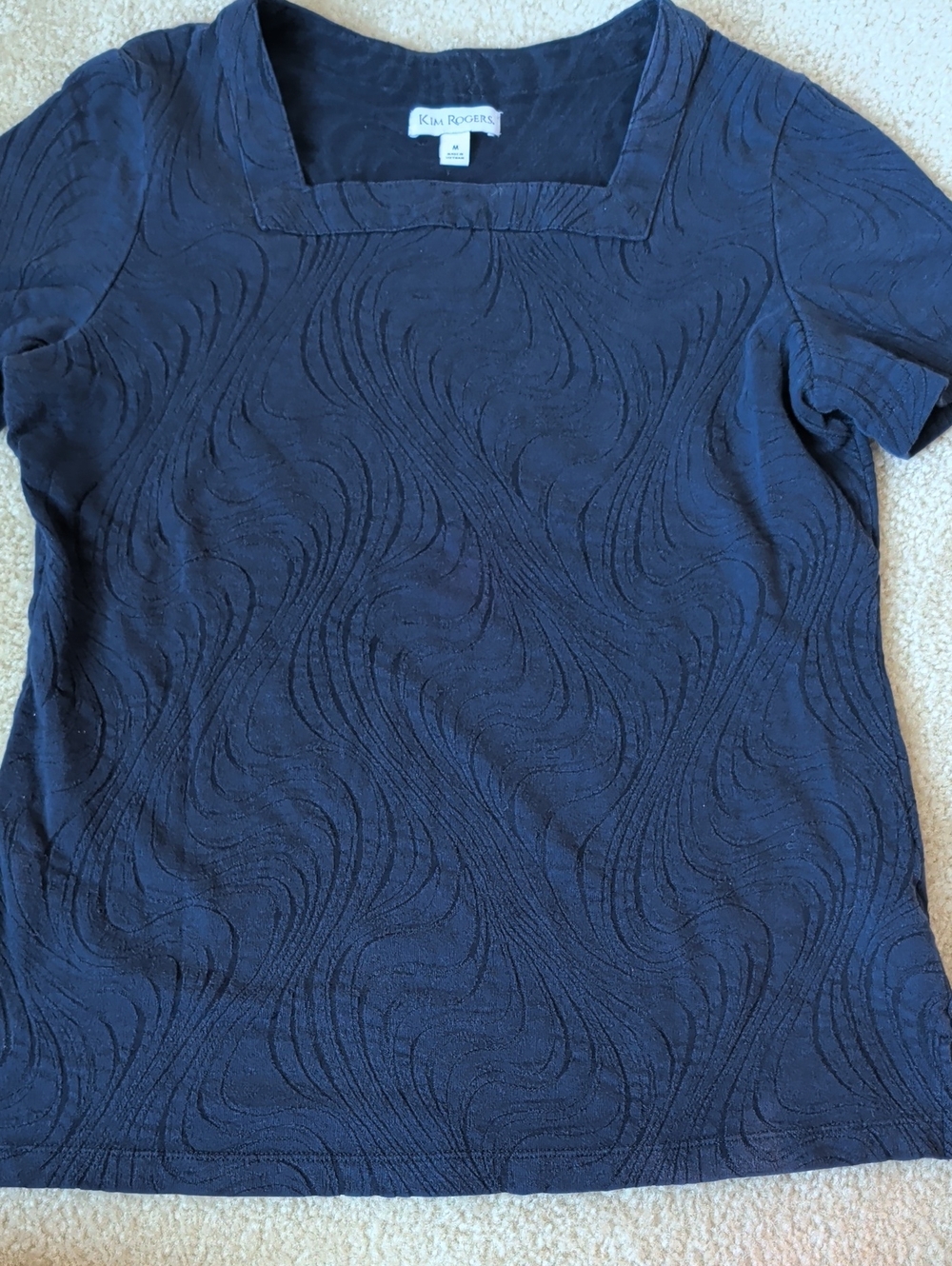 Kim Rogers Navy Short Sleeve Square Neck Textured Top